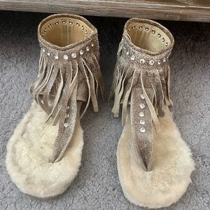 Ausiie  Flips Leather Shearling Fringes Crystal Thong Sandal Size 7
